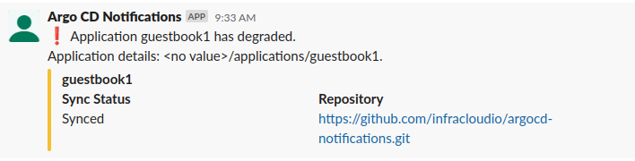 Notifications received when application's status transitions to a degraded state