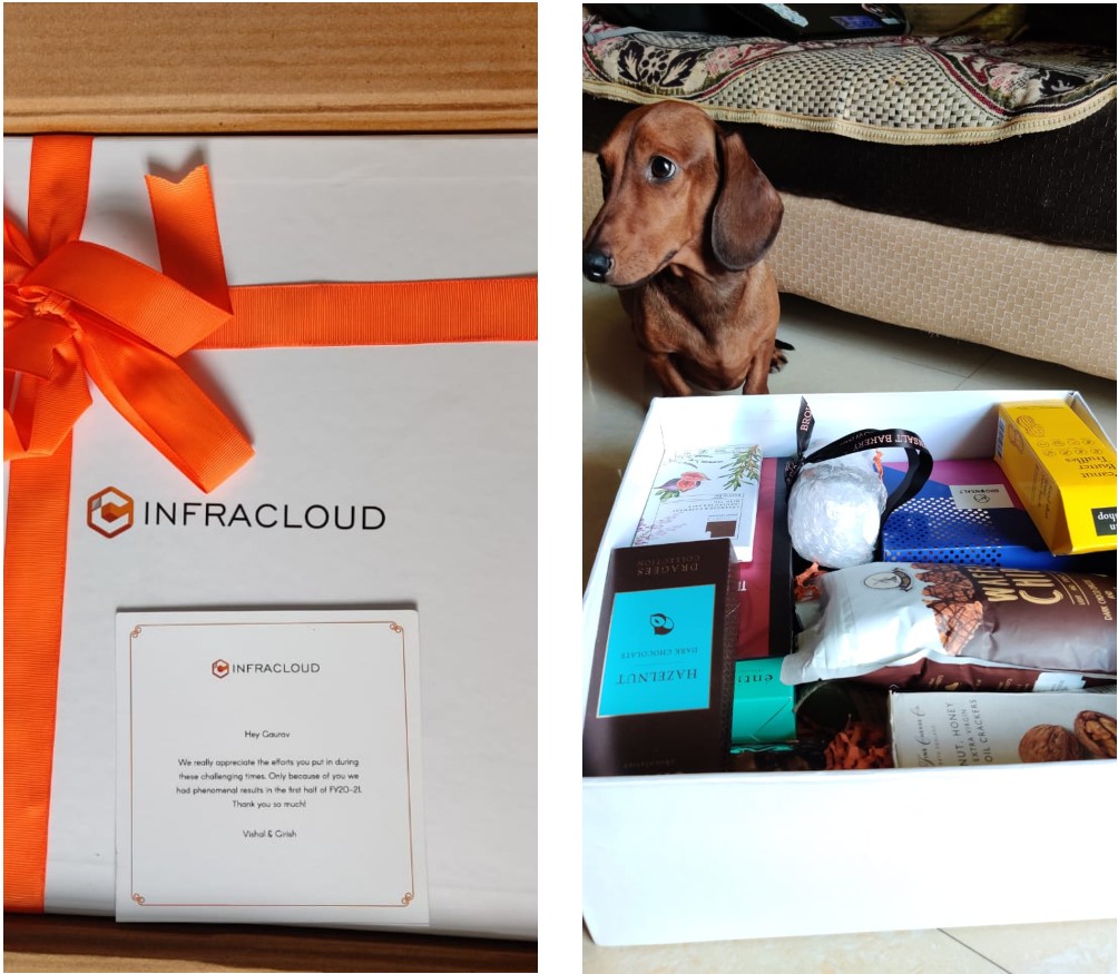 A surprise gift sent by InfraCloud. Includes chocolates and many other things