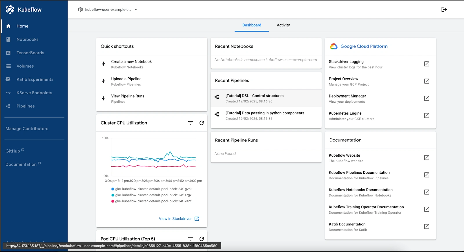 Kubeflow dashboard
