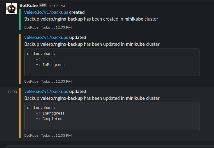 A Slack message by BotKube about Backup