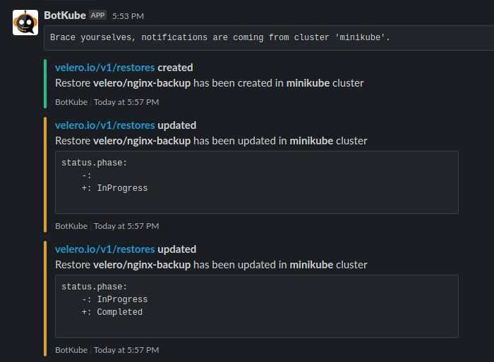A Slack message by BotKube about Restore