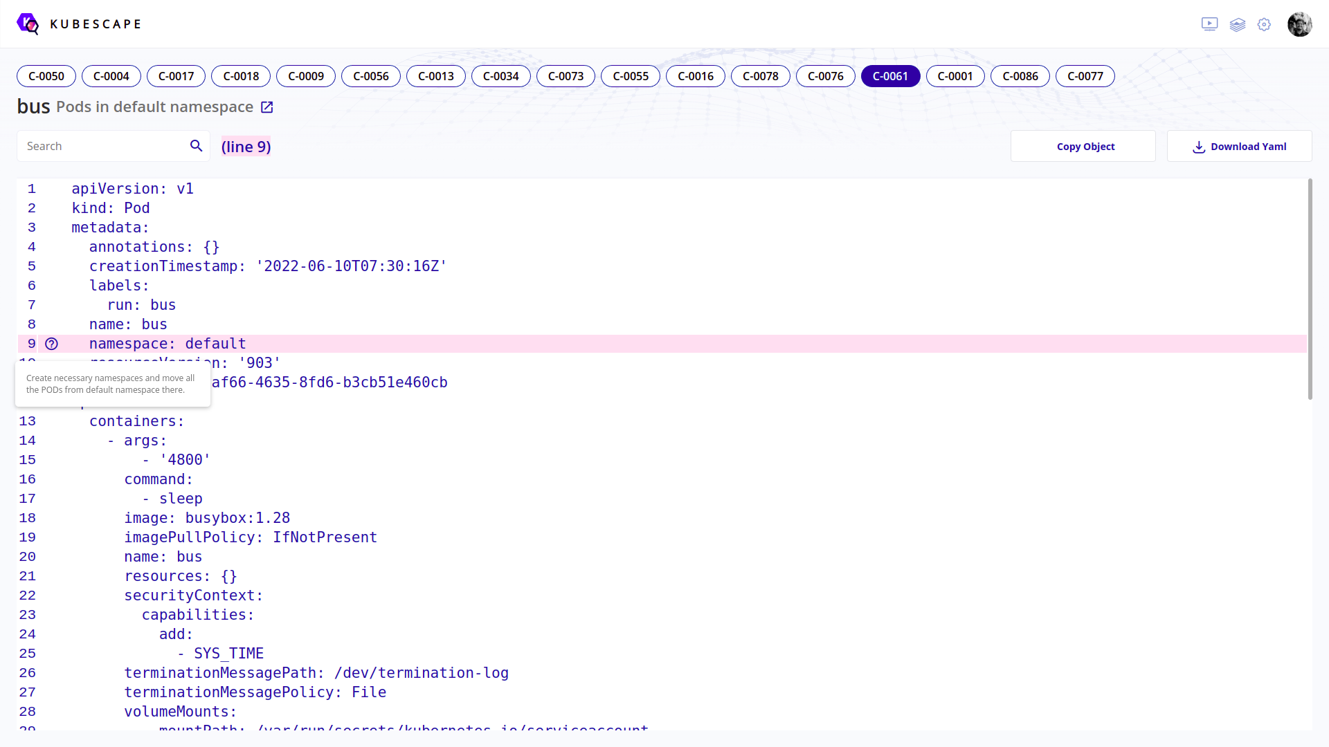 Kubescape Web UI showing a line in a particular configuration where the issue lies