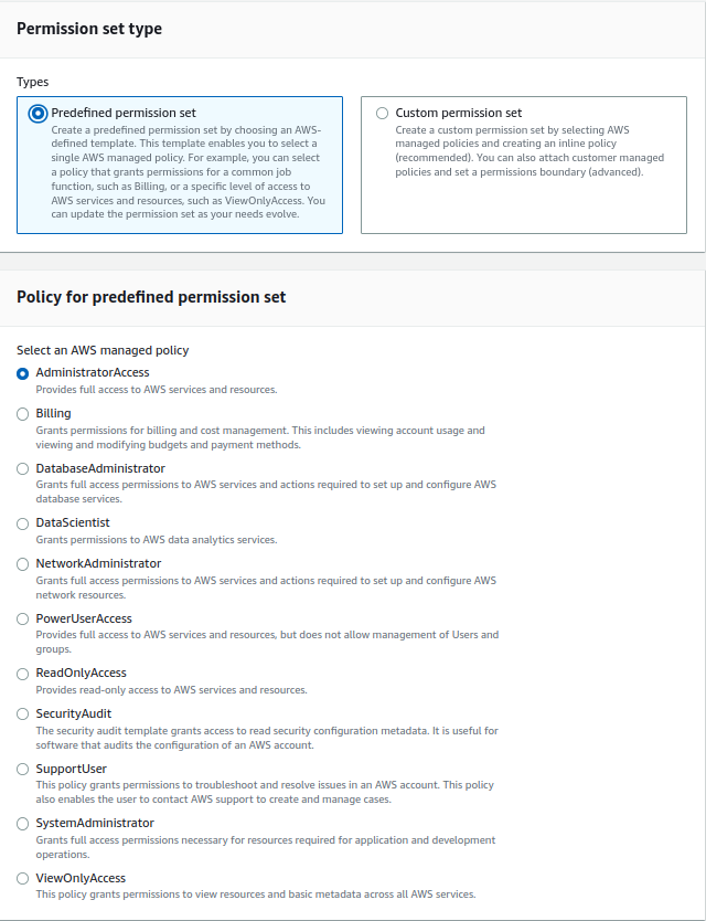 predefined permission sets we can use with AWS Identity Center