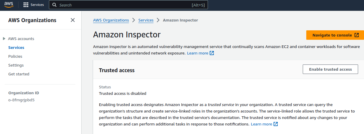 enabling trusted access for AWS Inspector