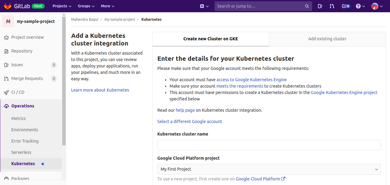 Create a repository and a GitLab Managed cluster steps