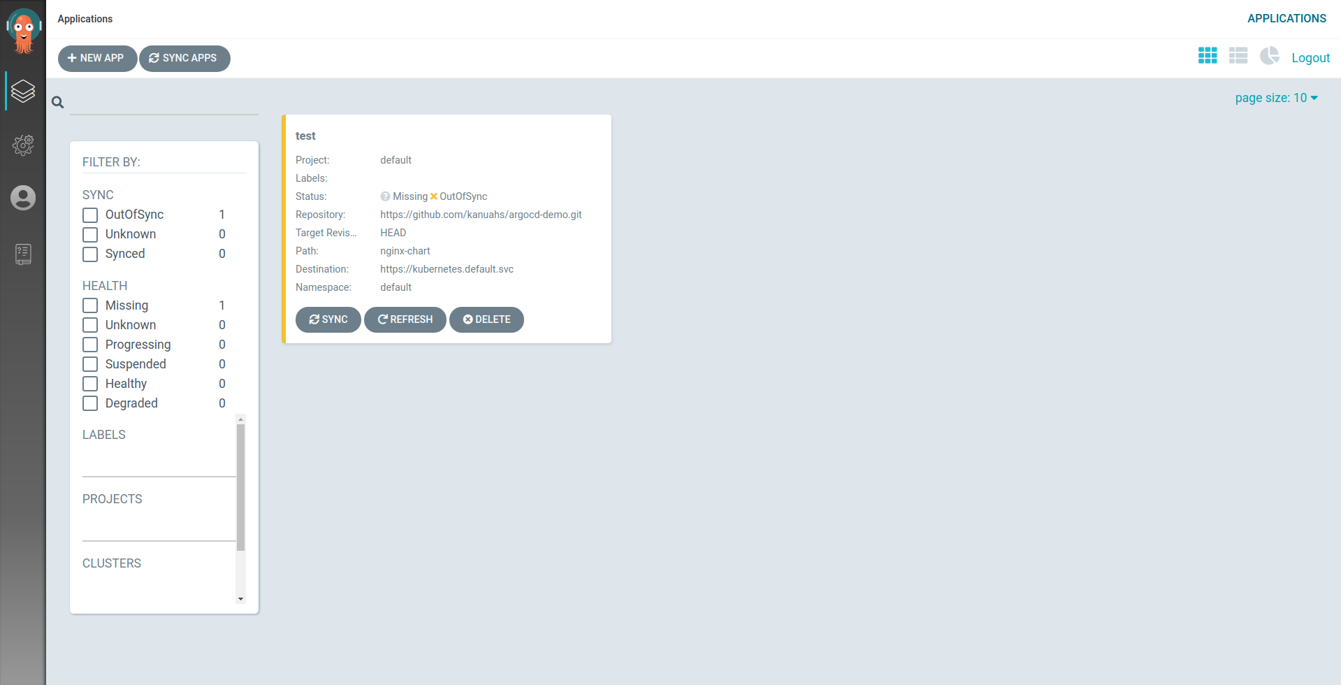 ArgoCD Applications Page with one application deployed