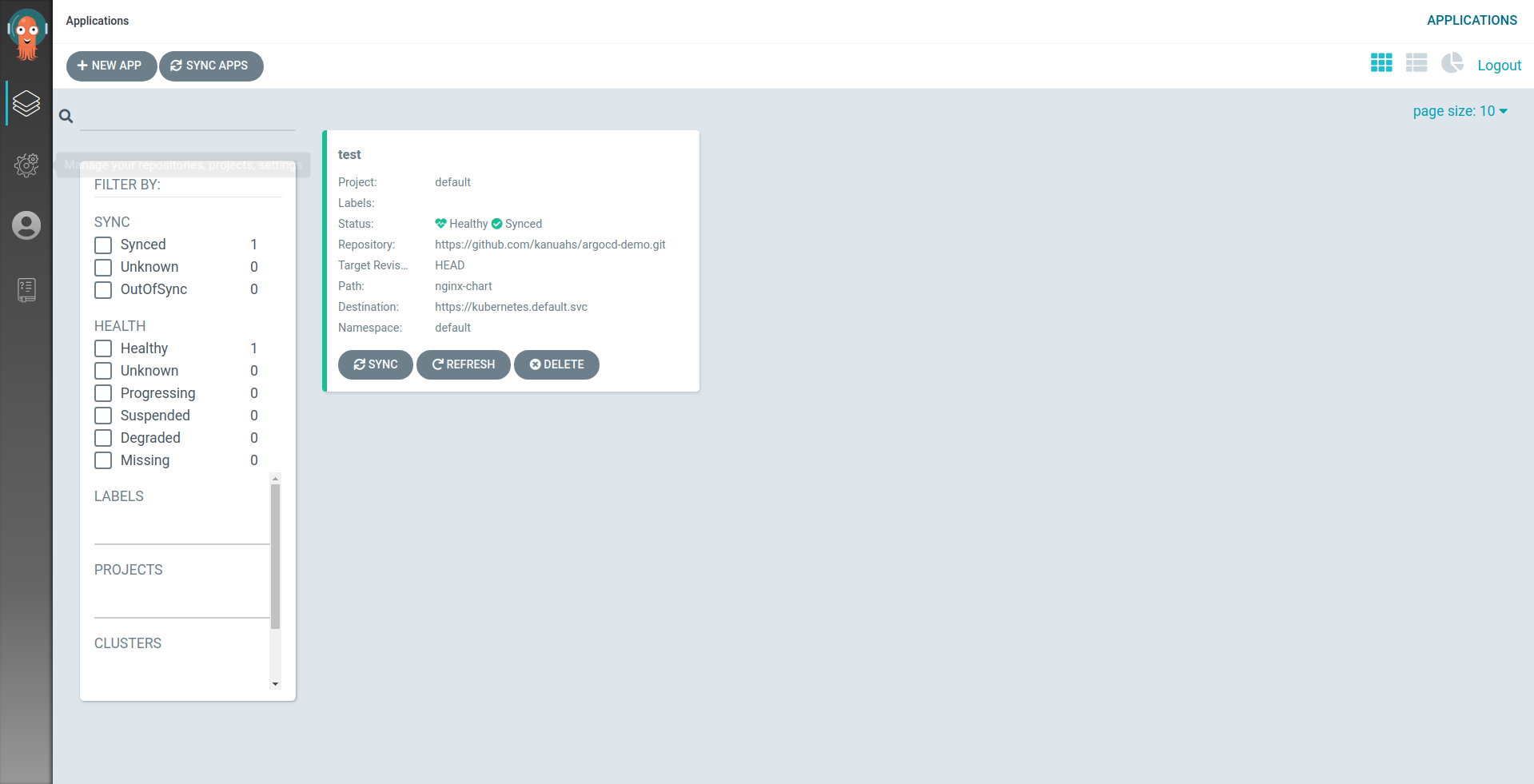 ArgoCD Applications Page with one Application synced
