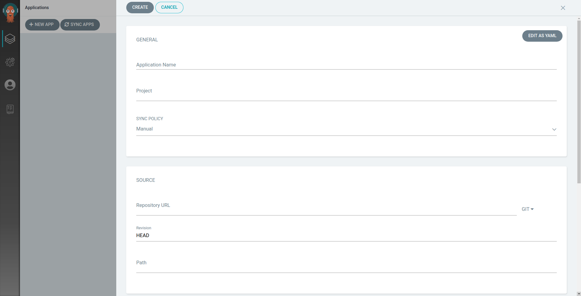 ArgoCD Web GUI - Create Application form
