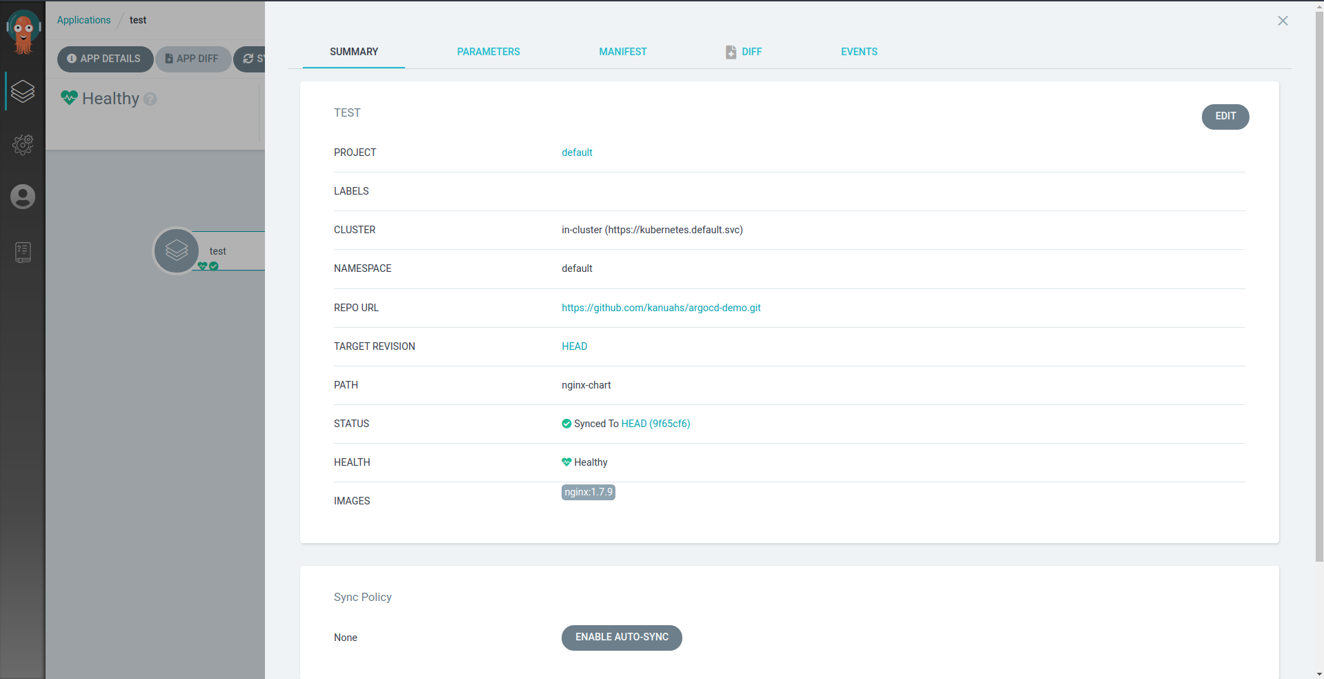 ArgoCD application details page with summary panel open