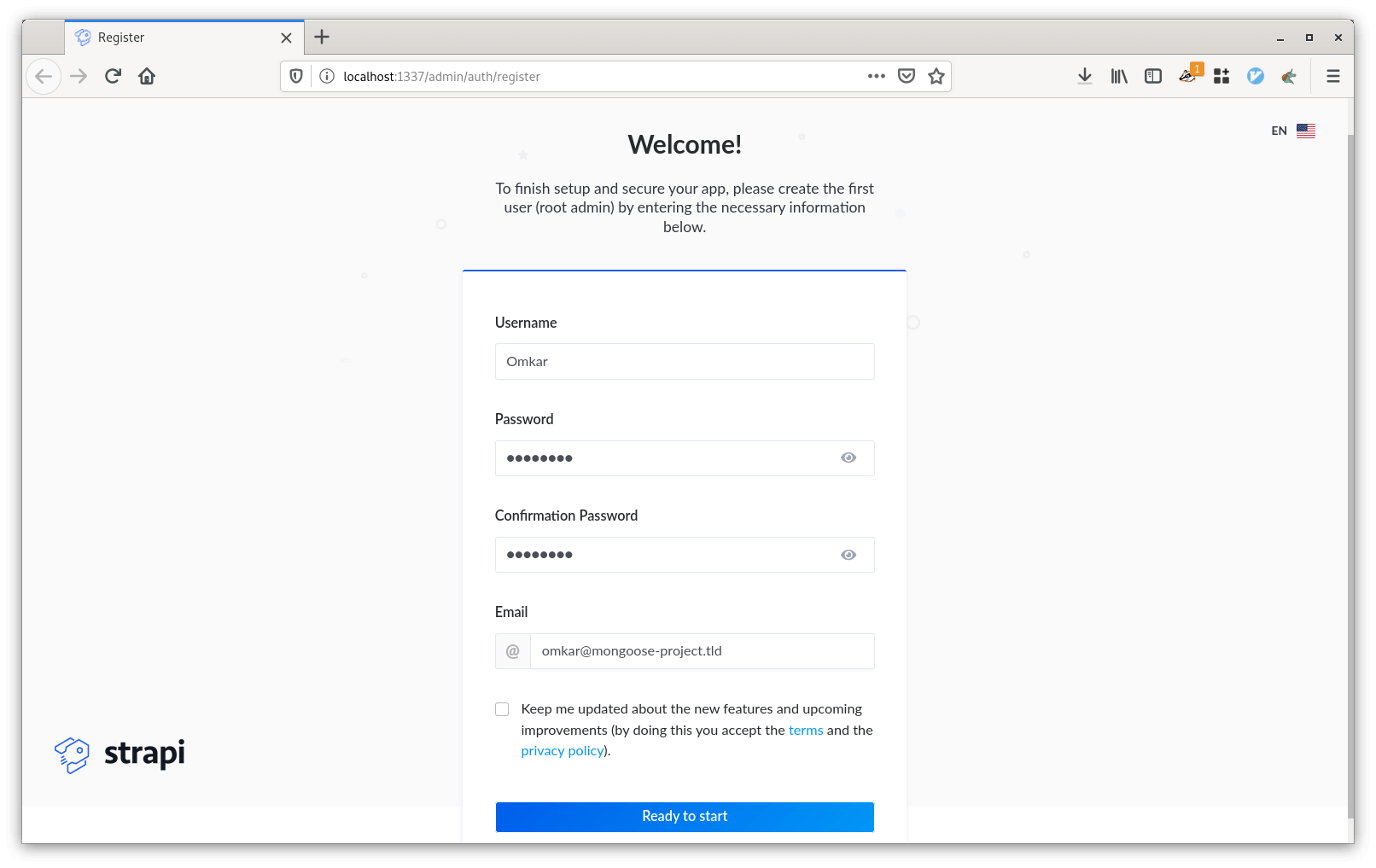 Strapi admin user creation