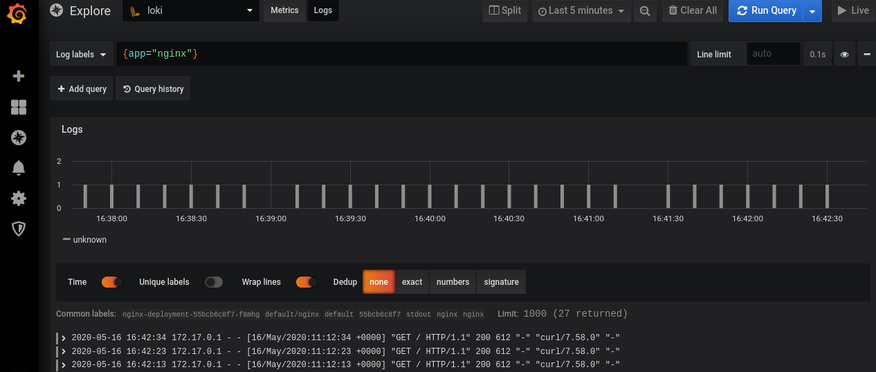 Grafana Dashboard displayig logs from Loki